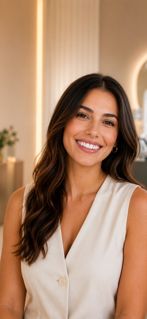 Mujer sonriendo con una sonrisa natural en un consultorio dental moderno