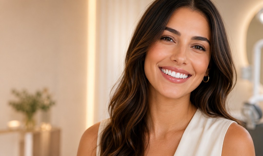 Smiling woman with perfect white teeth in a modern dental clinic