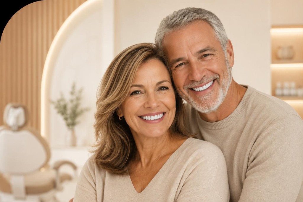 Pareja sonriendo con implantes dentales en consultorio